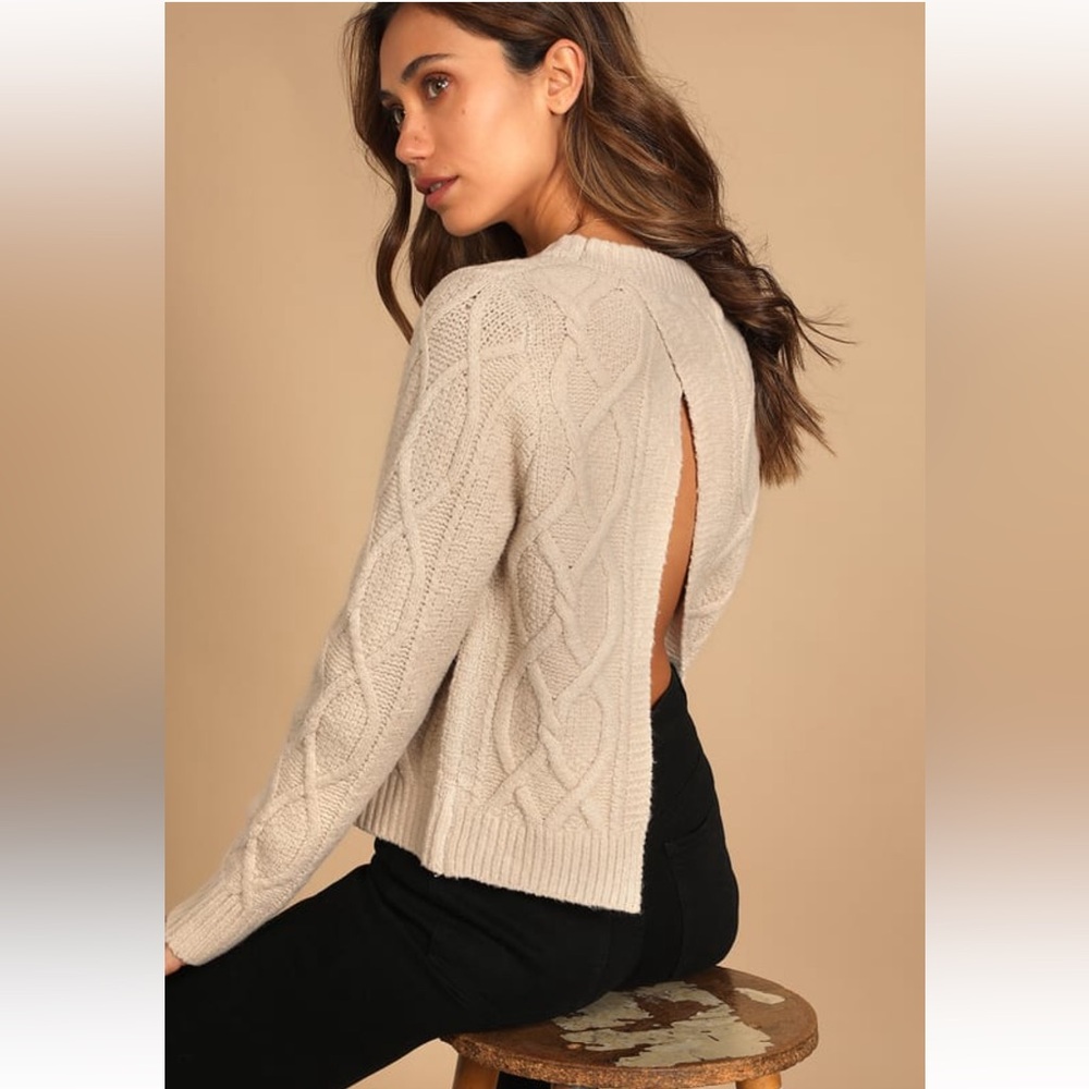Lulu's beige Cable Knit Crew Neck Sweater